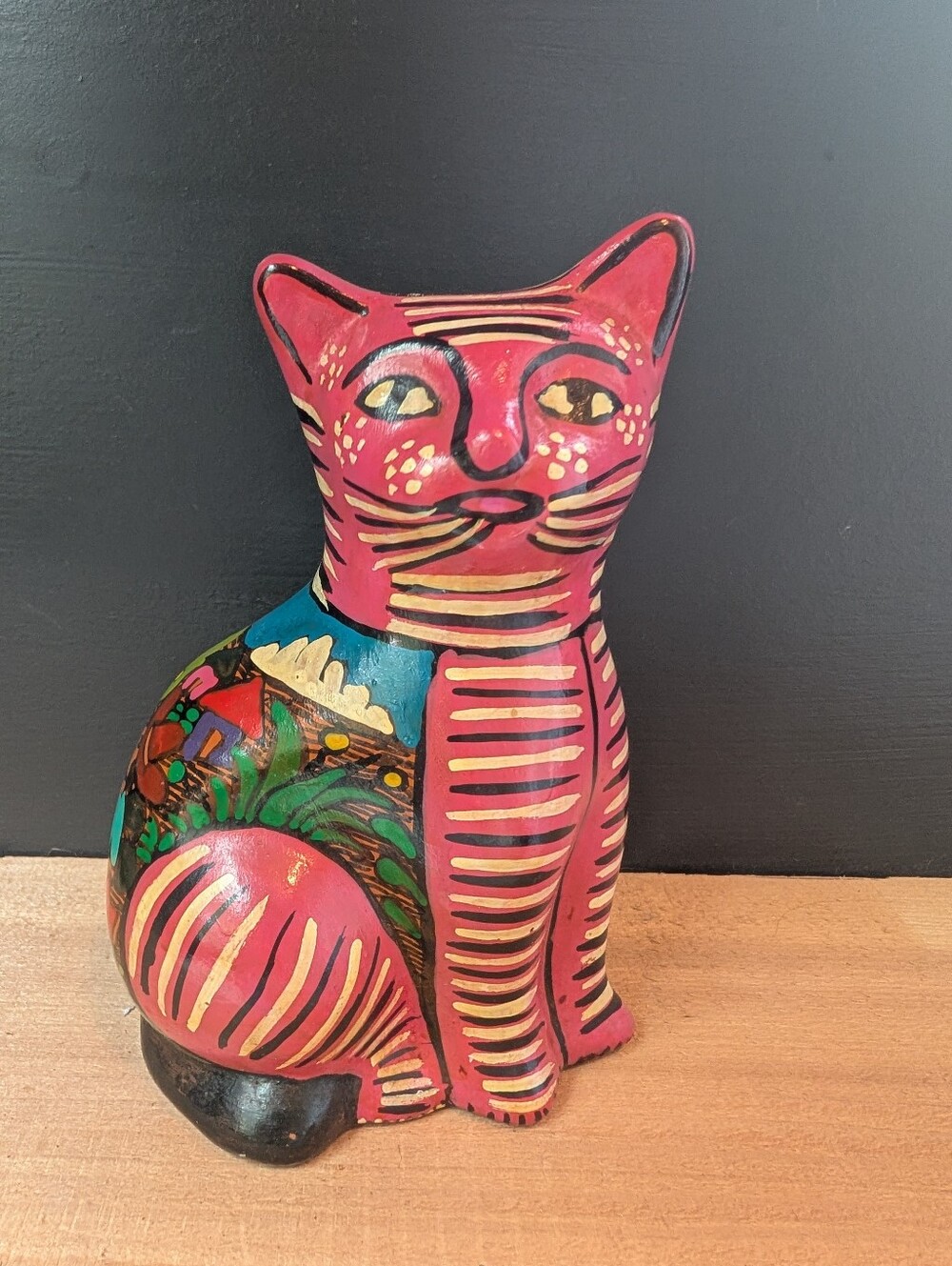 Vintage Pink Mexican Folk Art Pottery Hand Painted Cat